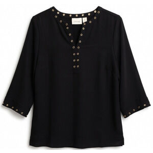 Chico’s Women’s Size 0 Small Black V-Neck Blouse Gold Grommet Trim 3/4 Sleeve
